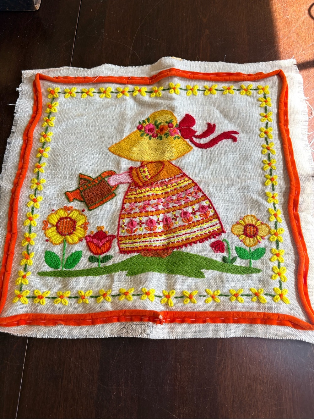 Crewel Sunbonnet Girl Floral Linen Square